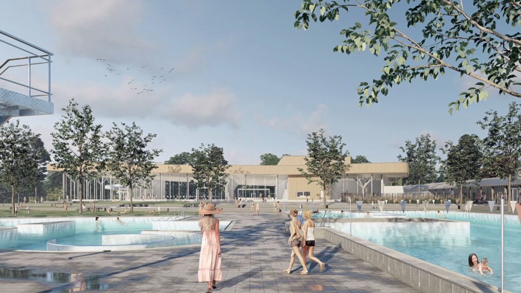 Die 3D-Illustration zeigt den Planungsstand des Kombibad Rastatt von September 2024.