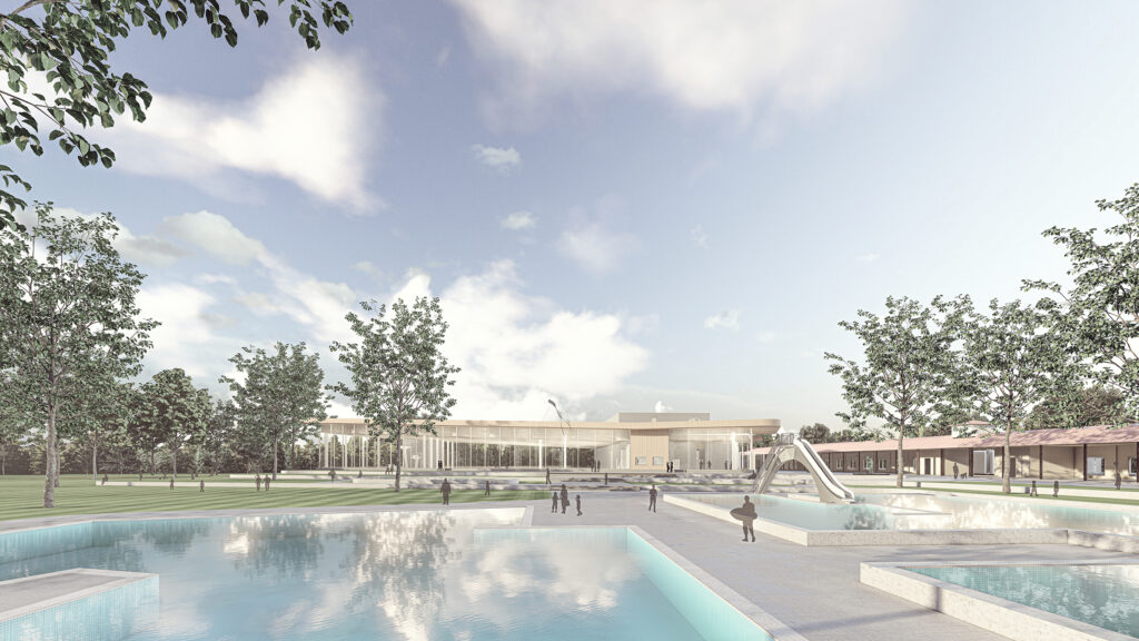 Aussenperspektive des geplanten Kombibad Rastatt. Grafik: Lehmann Architekten
